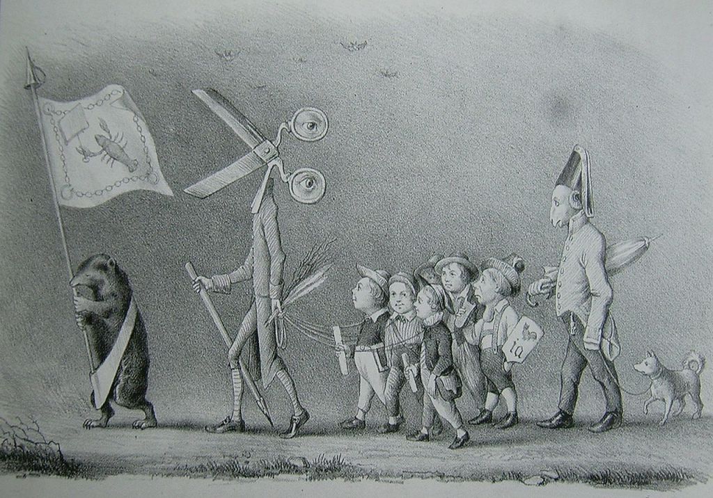 In der Karikatur Die gute Presse von 1847 steht der Krebs für Rückschritt, der Spiegel des Krebses für die Rückwärtsgewandtheit, der Maulwurf für Blindheit, Kerzenlöscher für Dunkelheit, die Schere und Stift für Zensur, die Rute für Drangsal, die Augen für Überwachung, die Kinder für die bevormundete Presse, der Schafskopfspolizist für die Dummheit der Staatsmacht und der Spitz für die Spitzelei.