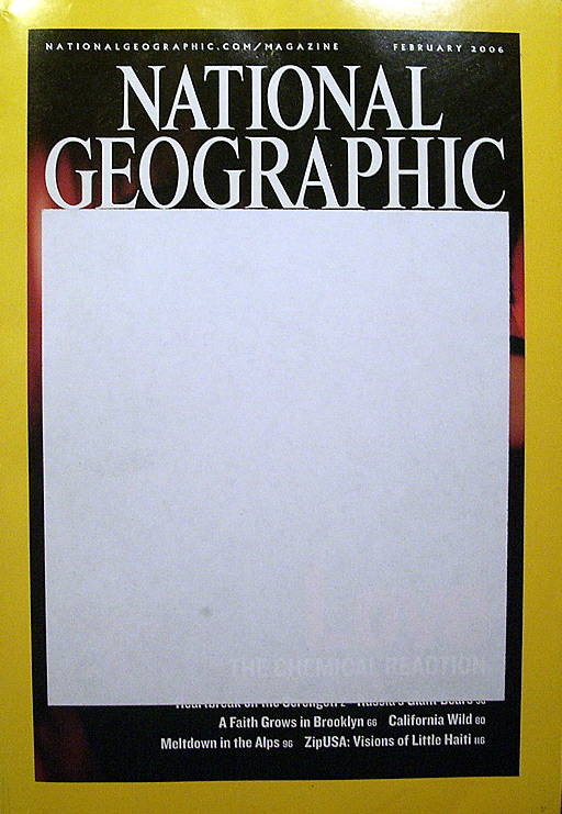 Ein von den iranischen Behörden im Februar 2006 zensiertes Exemplar des Magazins National Geographic. Das vom weißen Aufkleber verdeckte Titelfoto zeigt ein sich umarmendes Paar.