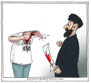 Karikaturisten lassen sich nicht einschüchtern. Als erste Reaktion auf das Pariser Massaker veröffentlichten 23 Zeichner gemeinsam ihre Cartoons zum Attentat. Hier der Niederländer Joep Bertrams. Sein Motto: "Unsterblich"